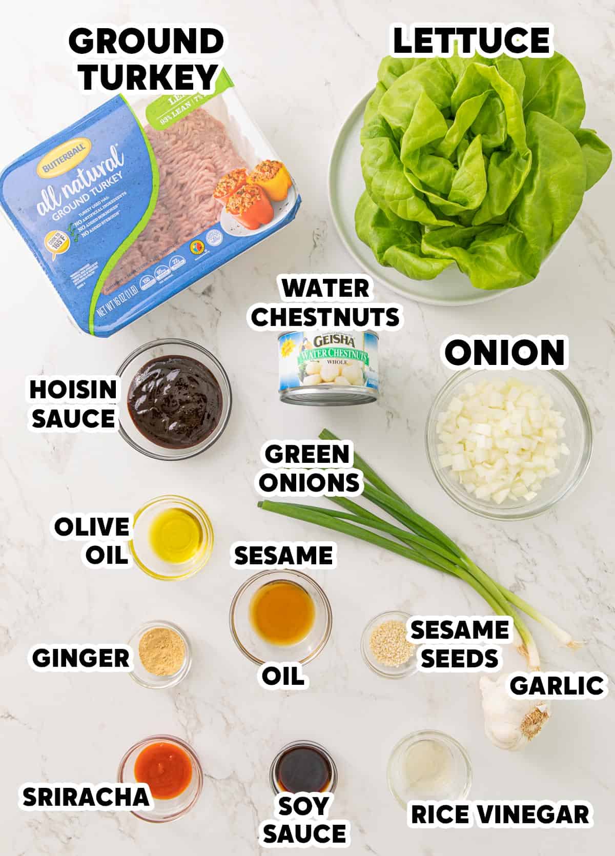Ingredients for making Asian turkey lettuce wraps with overlay text.