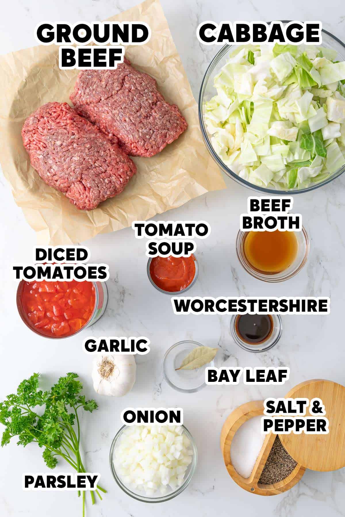 Overhead view of ingredients for making unstuffed cabbage rolls with overlay text.