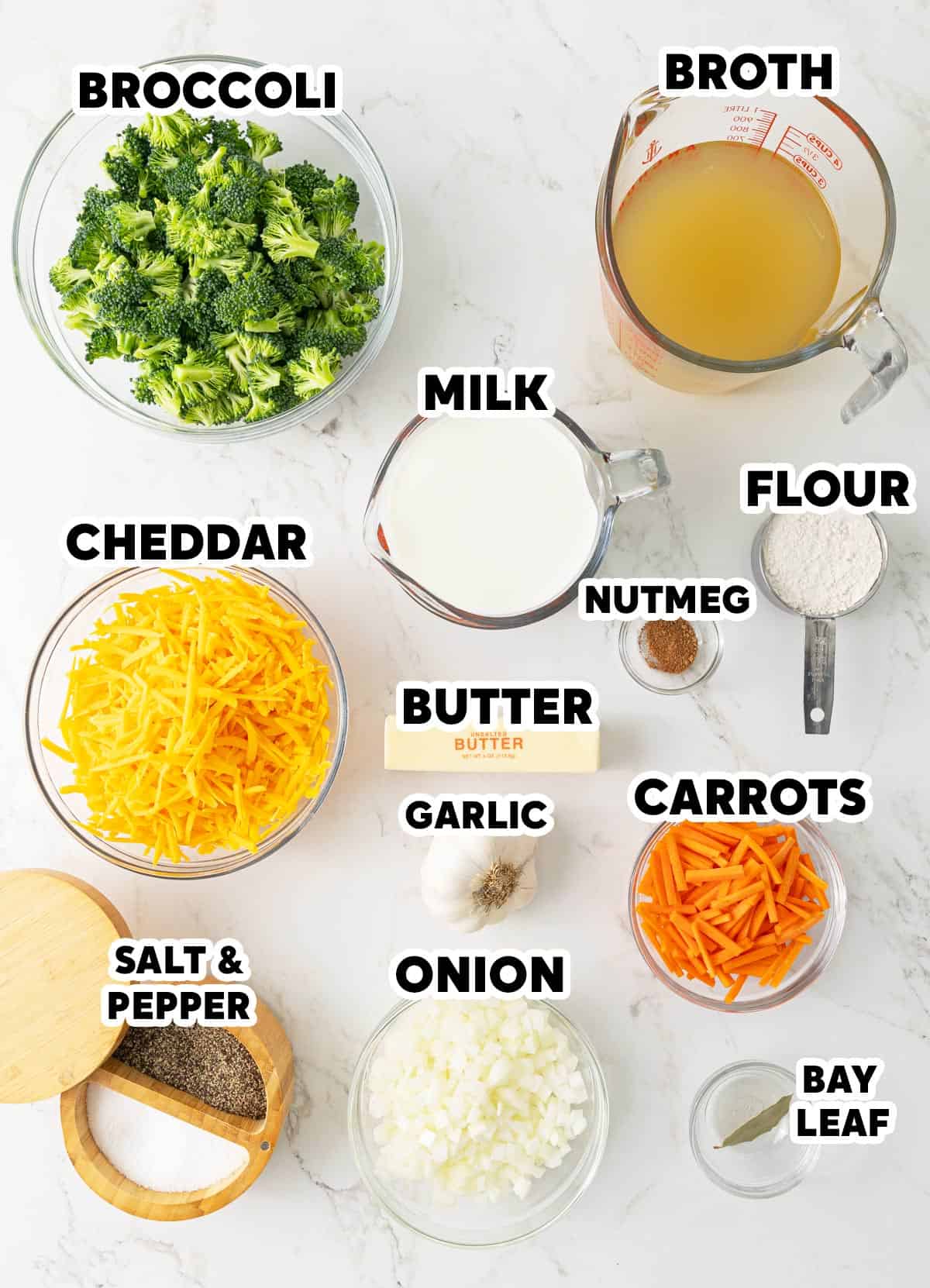 Ingredients for making broccoli cheddar soup with overlay text.