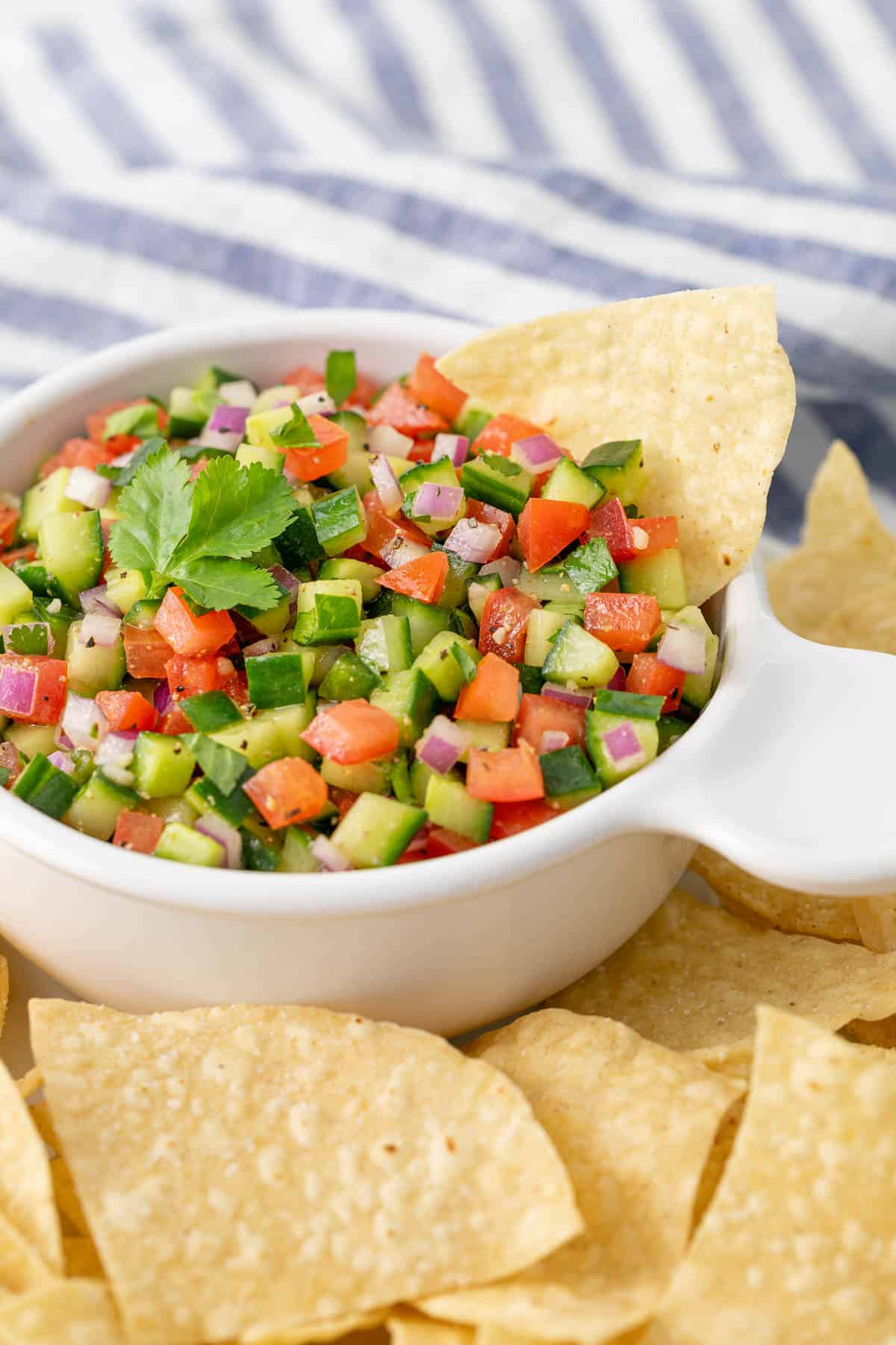 A tortilla chip in a bowl of cucumber and tomato salsa.