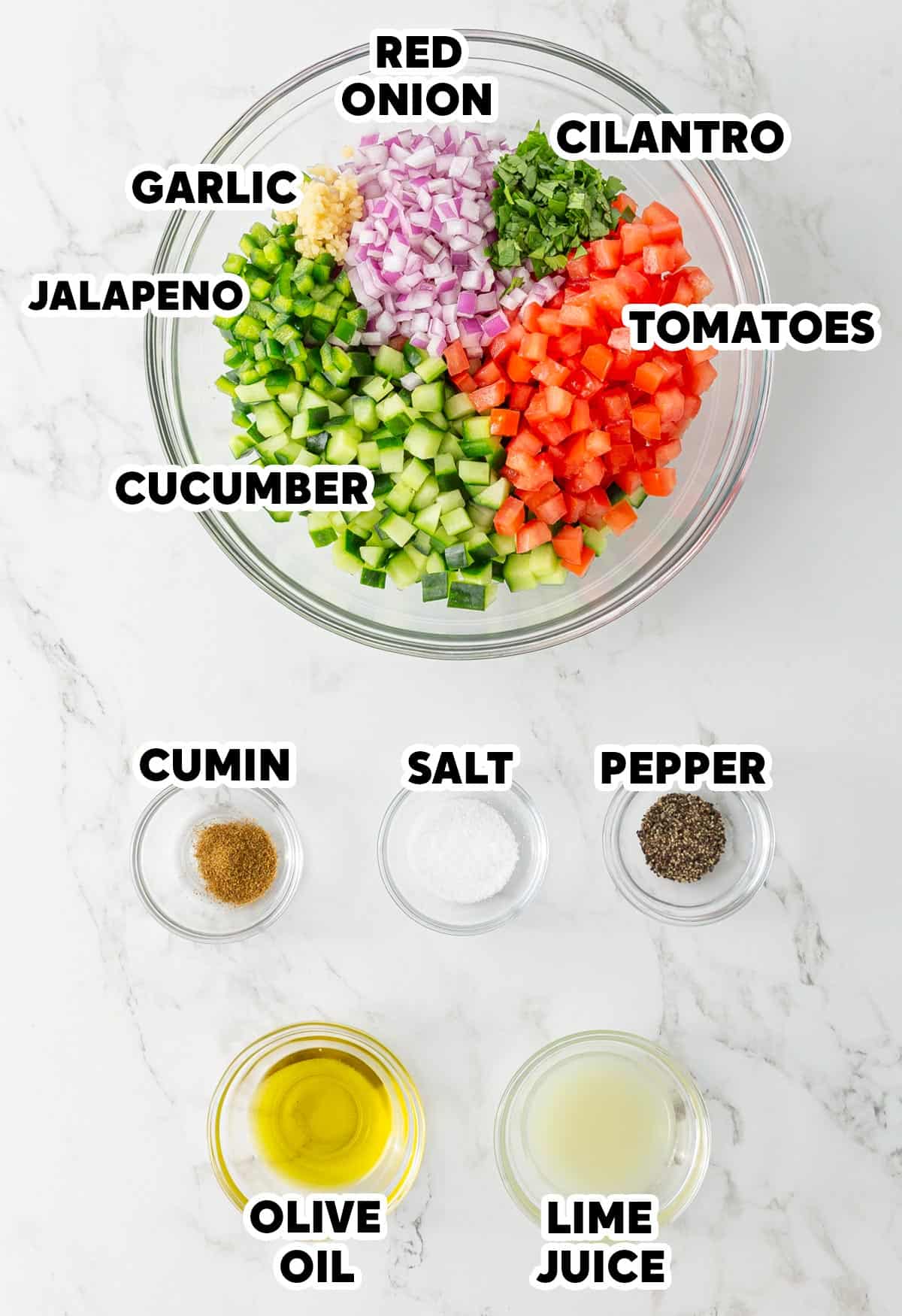 Ingredients needed for making cucumber salsa on a white marble surface with overlay text.