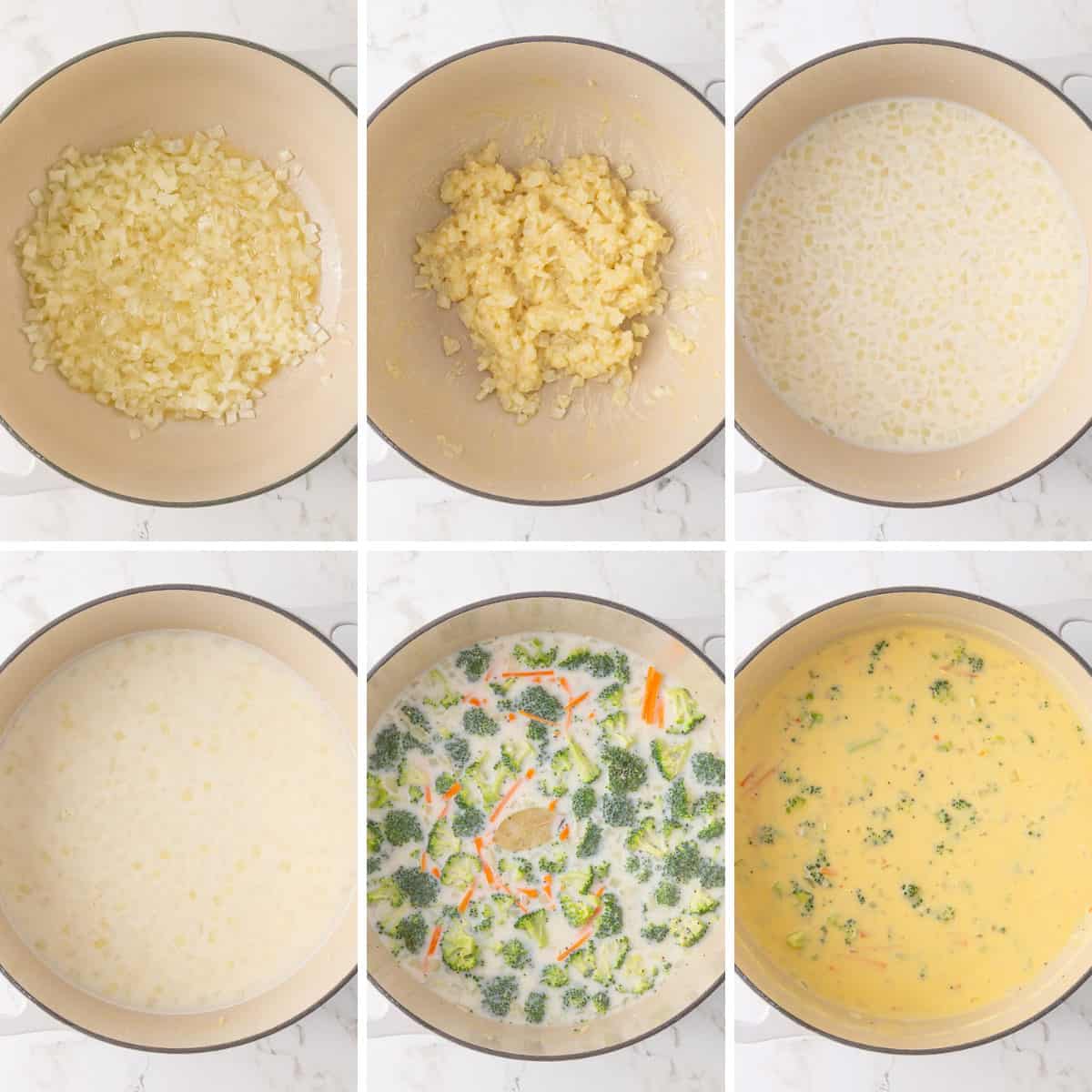 Steps showing how to make low fat broccoli cheddar soup.