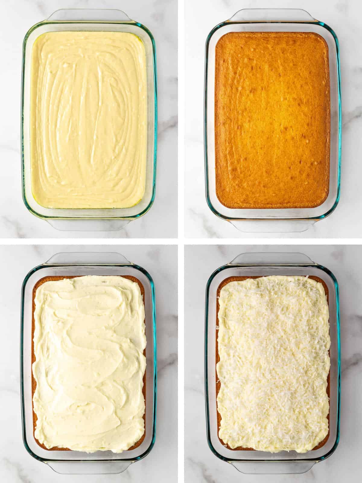 Steps showing how to make an easy coconut sheet cake prepared with a boxed cake mix.