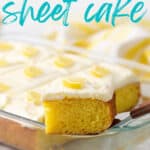 A slice of lemon sheet cake is removed from a baking dish. Overlay text and graphics are at the top of the image.