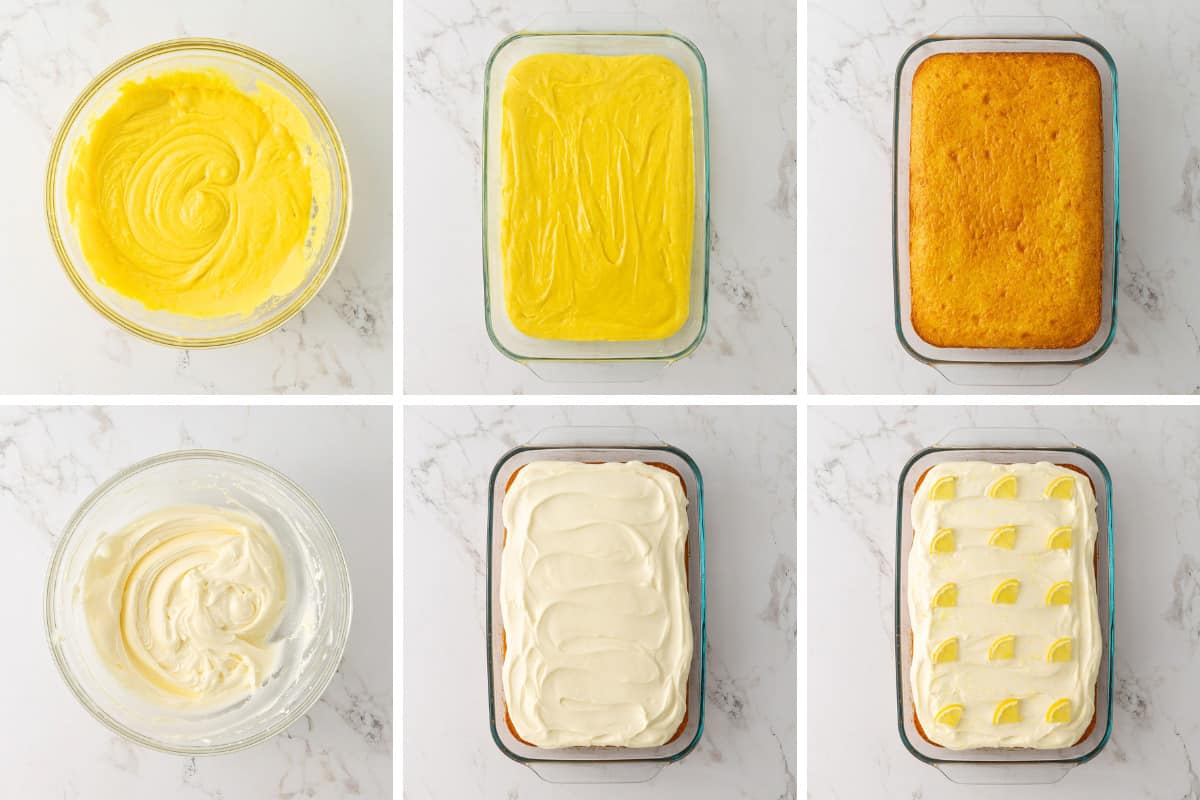 Steps showing how to make an easy lemon sheet cake using a boxed cake mix and pudding mix.