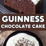 Two images of Guinness chocolate cake with overlay text in the center.