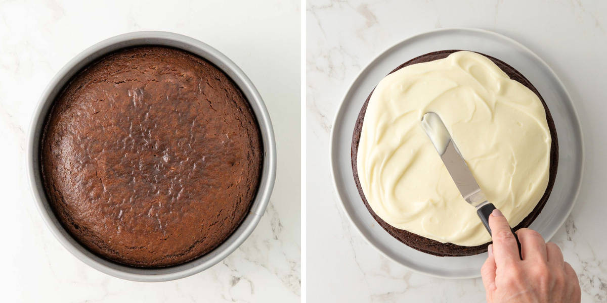 A baked Guinness chocolate cake before and after frosting with cream cheese frosting.