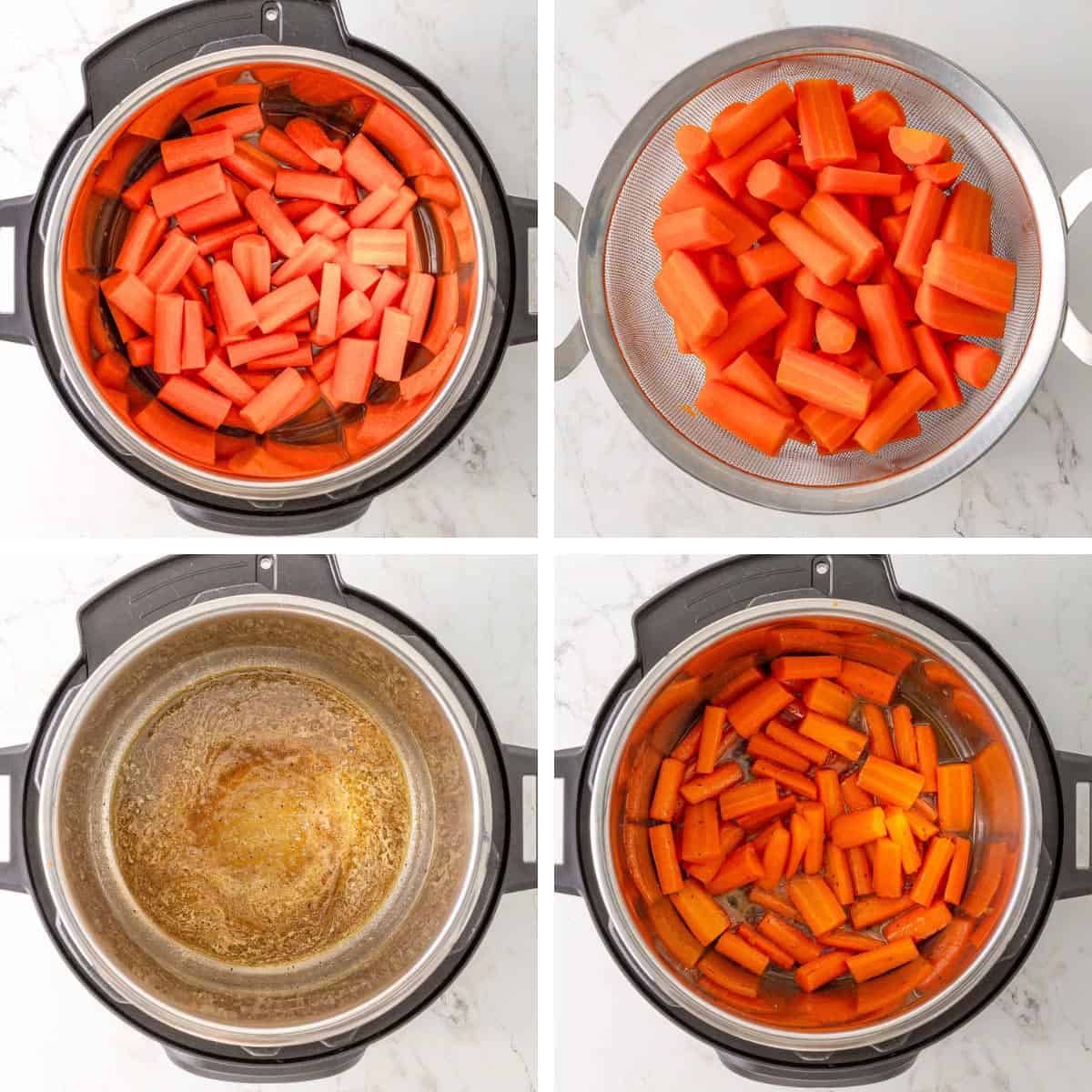 Steps showing how to make glazed carrots in the Instant Pot.