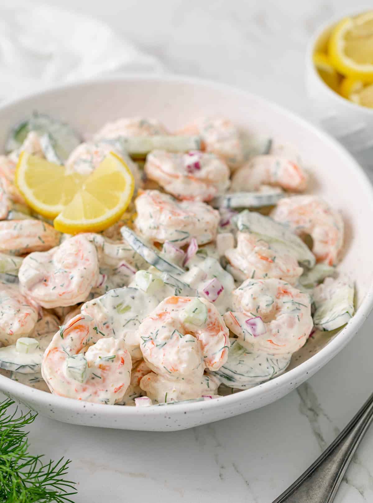 Front angled view of a bowl of cucumber shrimp salad.