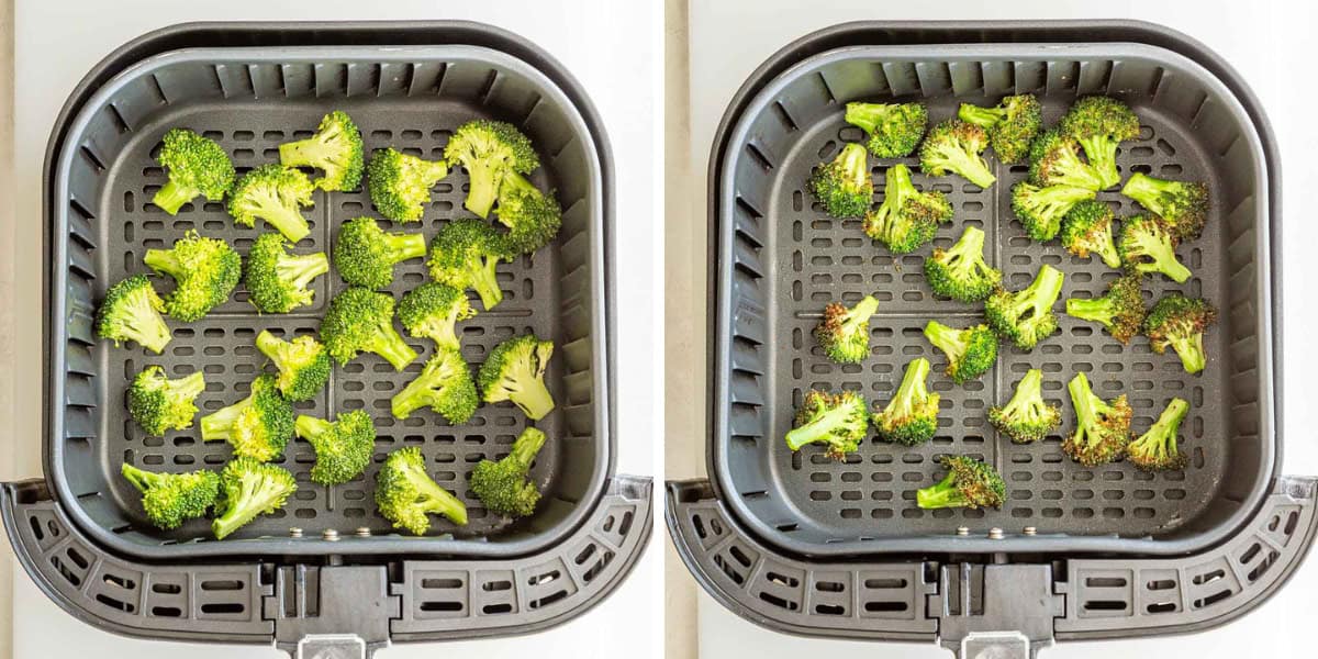 A collage of two images showing how to cook broccoli in an air fryer.