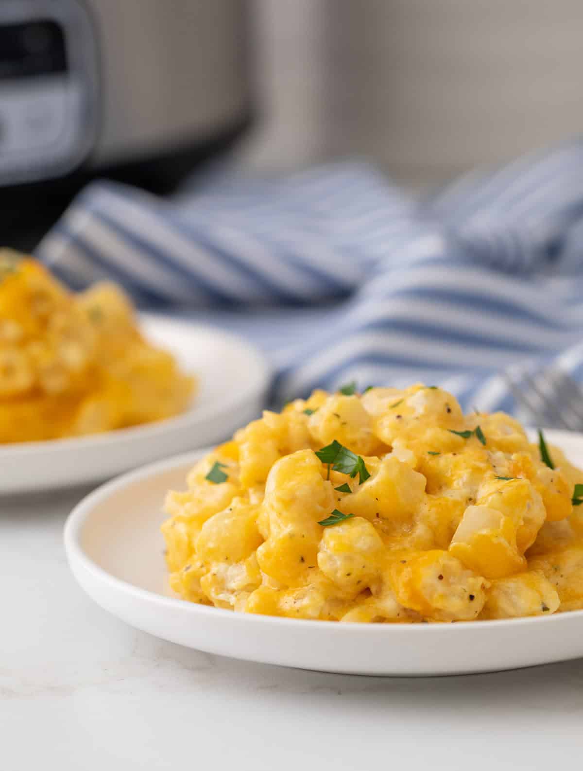 Front view of a small plate of cheesy potatoes. A slow cooker is in the background.