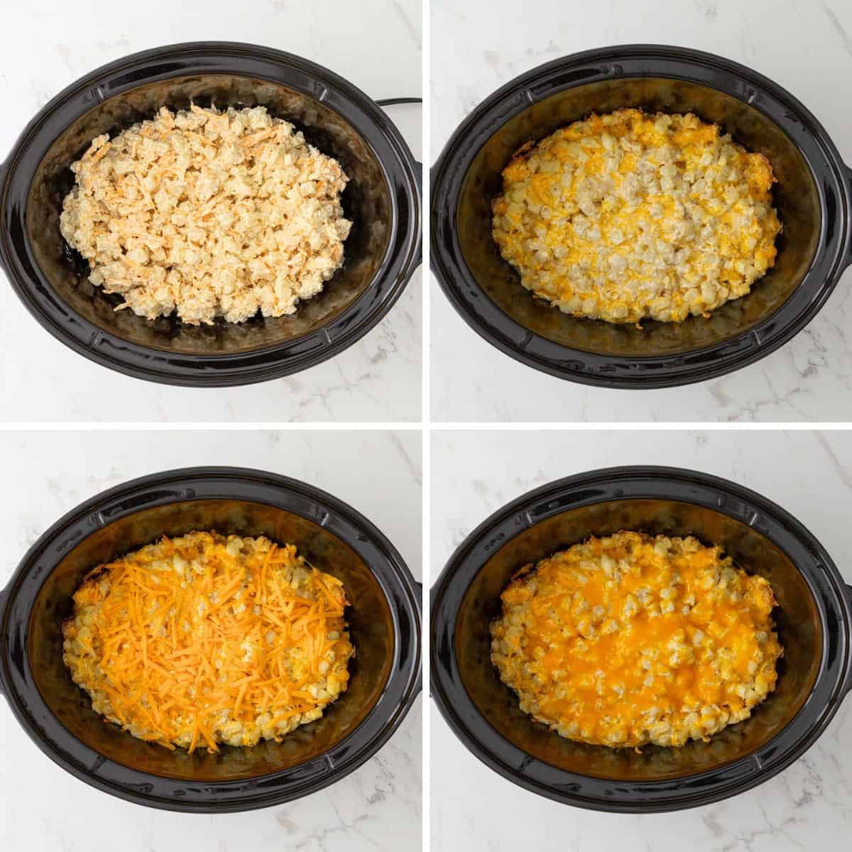 Step by step photos showing how to make crockpot cheesy potatoes.