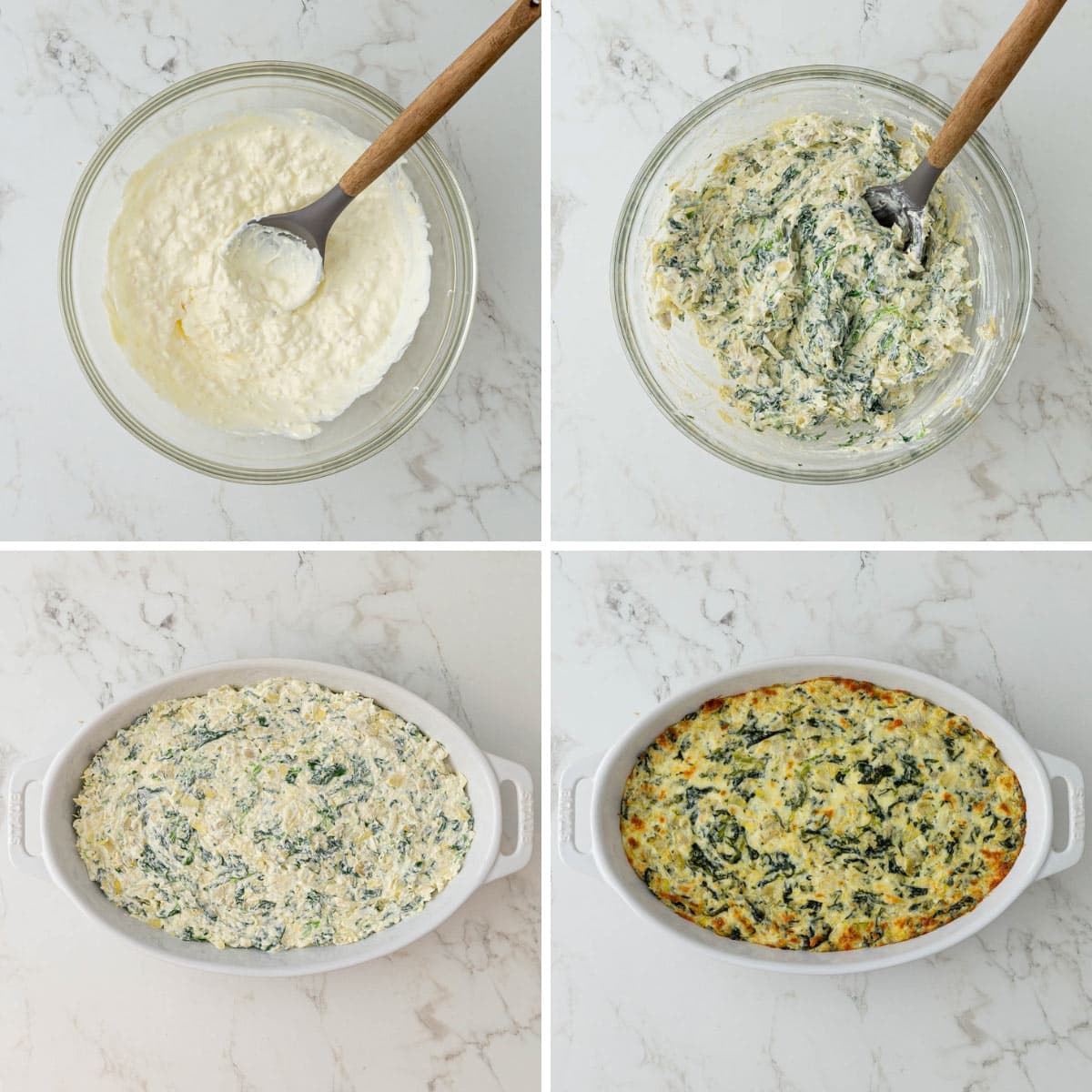 Step by step photos showing how to make baked spinach artichoke dip.