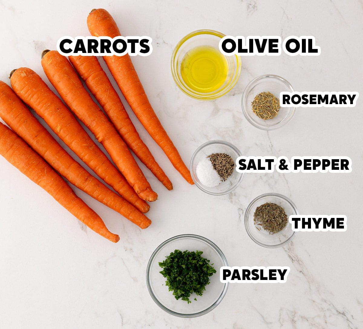 Overhead view of ingredients for making carrots in the air fryer with overlay text for labeling each ingredient.