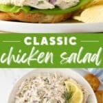 Two images of chicken salad. Overlay text in the center reads, "Classic Chicken Salad".