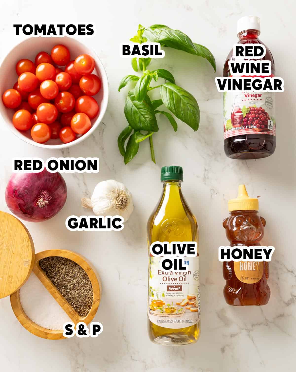 Overhead view of ingredients for making tomato and red onion salad with overlay text.
